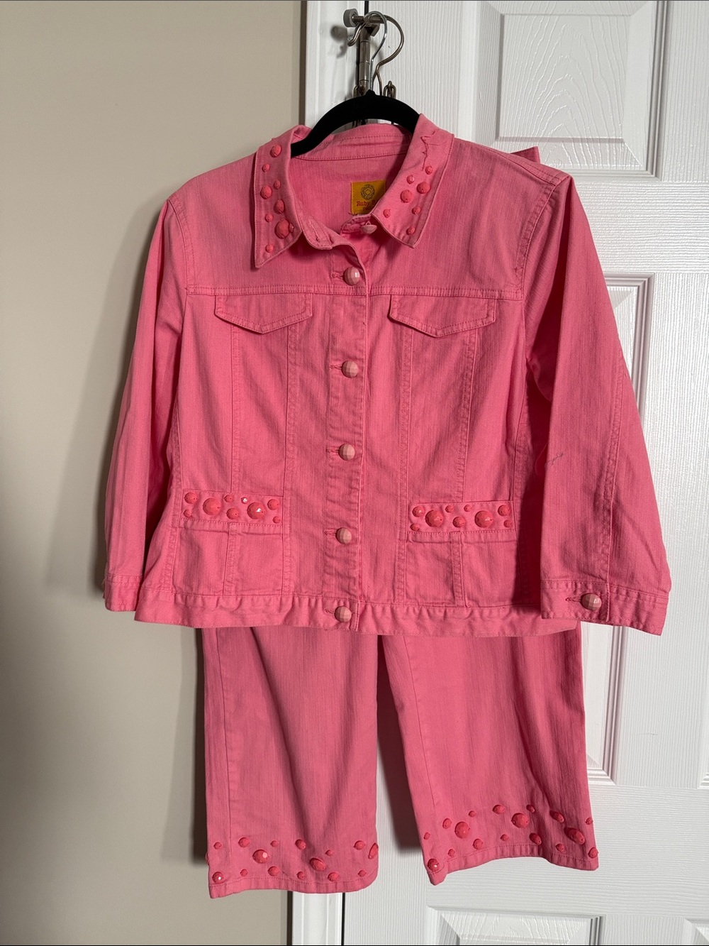 Ruby Rd. Pink Denim  Jacket & Cropped Pants Set